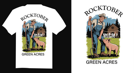 Vintage farm-themed t-shirt design featuring a smiling farmer in overalls with a pitchfork, standing on green grass next to a friendly pig. 