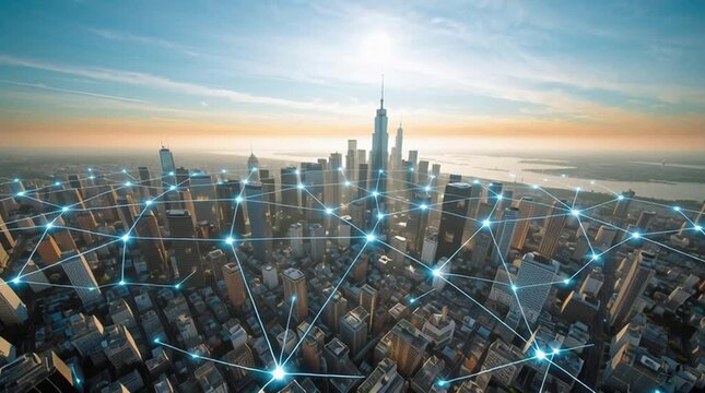 Dynamic aerial zoom-in over a futuristic city skyline at sunrise with glowing blue digital network connections linking skyscrapers, representing global connectivity and advanced smart city technology
