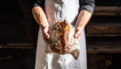 Baker proudly presenting a freshly baked loaf of rustic artisan sourdough bread.