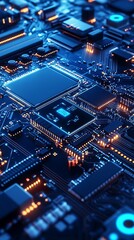 Obraz premium Close-up of intricate circuit board, glowing components