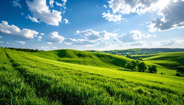 Lush green rolling hills under a vibrant sky