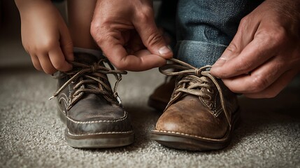 A heartwarming moment of a child assisting an adult in tying shoelaces, showcasing bonds and shared experiences.
