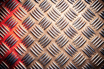 Detailed closeup of a metallic diamond plate texture with a redtinted background, showcasing a strong industrial and robust surface with a repeating geometric pattern