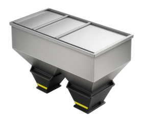 Flat-sided hopper with sliding roof panels and twin bottom hoppers for unloading