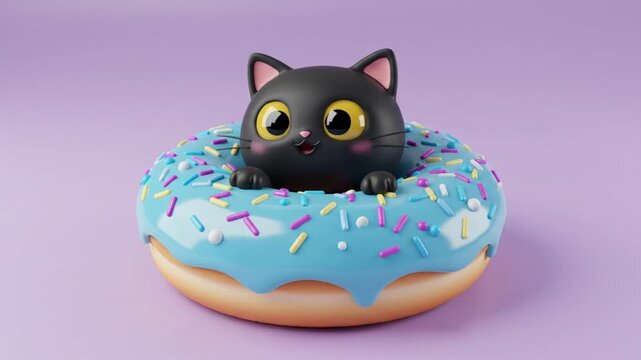 Cute black cat character dancing in a blue donut with sprinkles  