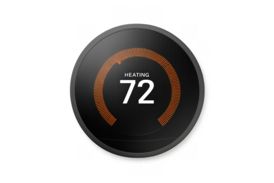 Smart thermostat showing 72 degrees with a transparent background