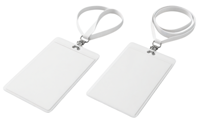 Blank white ID badges with lanyards for your event