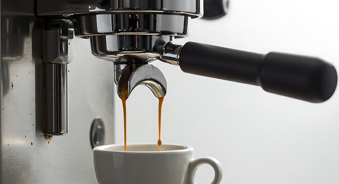 Twin Streams of Rich Espresso Pouring from a Gleaming Chrome Portafilter - Powered by Adobe
