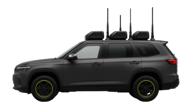 Compact command vehicle with multiple radio transmission units on the roof