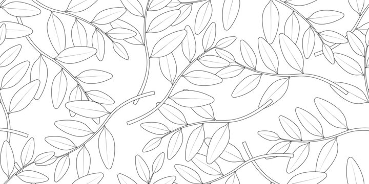 Seamless pattern of abstract botanical coca leaves with thin outlines on white background, vector art