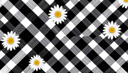 Black and white gingham pattern overlaid with scattered daisies © Bihi