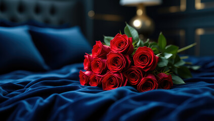Fototapeta premium Romantic and sensual bouquet of long-stemmed red roses on a deep blue velvet bed in a luxurious bedroom, representing passion, intimacy, love, and elegant special occasions, valentine's day