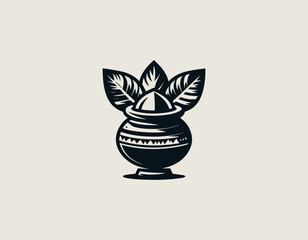 Black and gold vector illustration of a sacred Kalash pot with traditional Hindu motifs for religious ceremonies