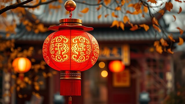 A glowing red lantern with golden details, illuminating a traditional courtyard during China's National Day celebrations.