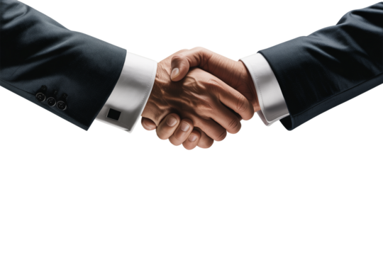 Two businessmen firmly shaking hands in agreement against a transparent background