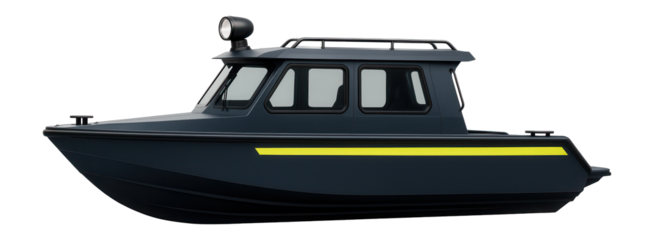 High-speed police patrol boat with enclosed cabin and forward-facing searchlight