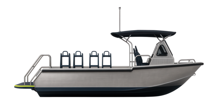 Police dive support boat with integrated dive platform and equipment racks