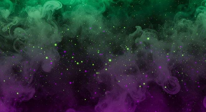 mystical swirling smoke in green and purple gradient, glowing magical particles, spooky halloween ambience