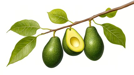 Avocado Fruits On Branch With Green Leaves Illustration