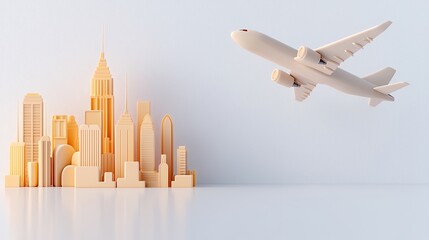 Beige Airplane Above 3D Cityscape Illustration