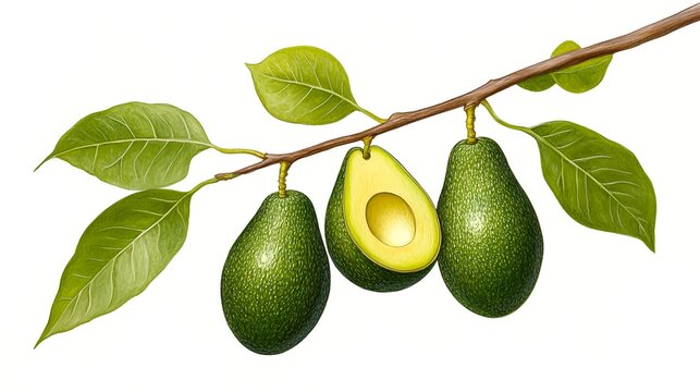 Avocado Fruits On Branch With Green Leaves Illustration