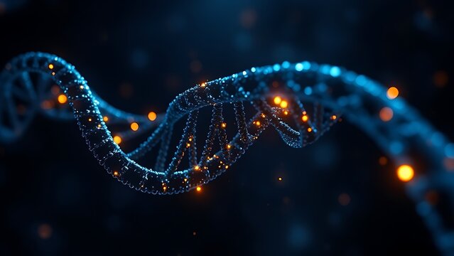 Dark DNA strands glowing under artificial light, revealing intricate hidden patterns.