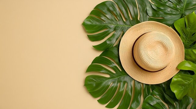Beige Background With Straw Hat And Tropical Leaves