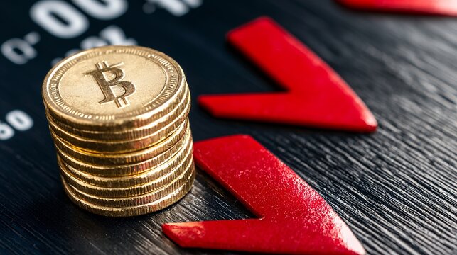 Bitcoin Coins and Downward Red Arrows on Dark Surface