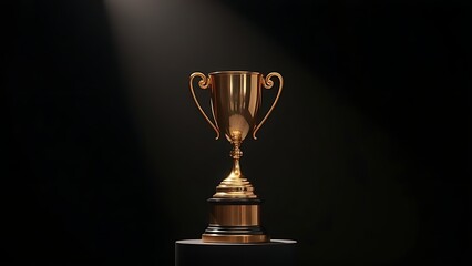 A gleaming gold trophy displayed on a pedestal, highlighted by dramatic studio lighting against darkness.
