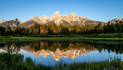 Mountain reflection in a calm lake at dawn.