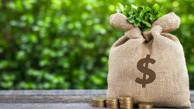 Burlap Money Bag with Coins and Green Bokeh Background