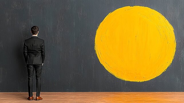Businessman Contemplating A Large Yellow Circle Against A Dark Gray Wall