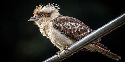 A bird perched on a metallic pole against a dark background. The bird showcasing its intricate plumage with a mix of soft browns and whites that create a textured, layered effect.