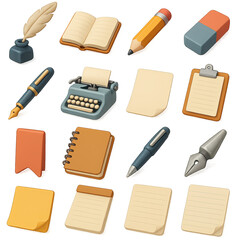 3d writing tools icon set featuring pen, notebook, typewriter, pencil, feather, clipboard, and eraser symbols