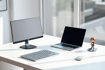 Minimalist Workspace with desktop and laptop, keyboard, mouse, anime toy - Ai generated 