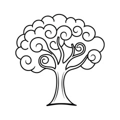 Whimsical swirling tree illustration with stylized foliage and branches