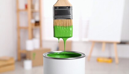 Applying fresh green paint from a tin can with a brush for a DIY home makeover project