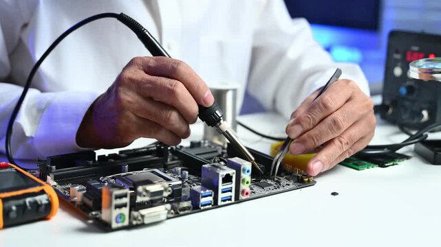 Computer technician in gloves safely repairing desktop hardware. Closeup view of hands fixing GPU and motherboard inside open PC case. Perfect for tech
