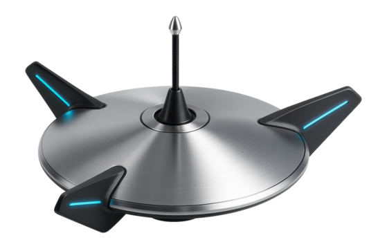 Disc-shaped atmospheric probe featuring aerodynamic stabilizers and a central data antenna