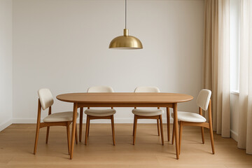 Minimalist Dining Room with White Wall and Warm Wood Oval Table for Wallpaper Mockup