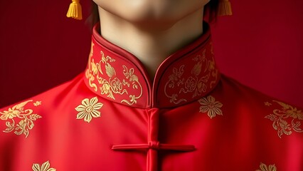 Silk qipao collar embroidered with peony and star patterns, showcasing ceremonial elegance.