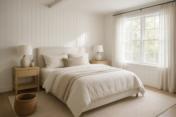 Minimal bedroom with twin beds, neutral palette and soft daylight