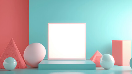 A horizontal makeup product mockup featuring a glowing white display screen, centered on a pastel turquoise surface.