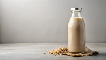 A glass bottle filled with creamy plantbased milk sits on a rustic wooden table, surrounded by scattered grains and a burlap cloth, evoking a sense of natural goodness and healthy living