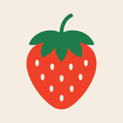 Simple Red Strawberry Vector Illustration with Green Leaves, Fresh Fruit Icon Isolated on White Background, Perfect for Food Design, Packaging, and Digital Projects