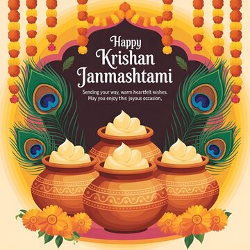 Illustration of happy krishan janmashtami with pots and peacock feathers