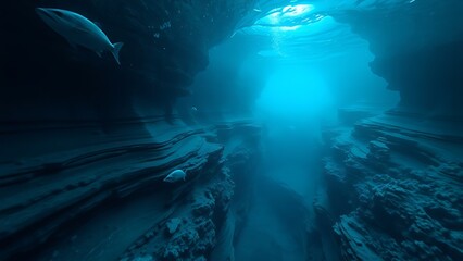 Underwater canyon with cascading blue layers creating a liquid avalanche visible through sonar-like ripples.