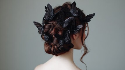 Rear view of a woman with a dark updo and black butterfly hair accessories