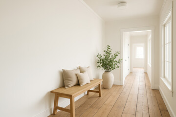Hallway corner with wooden bench, cushions, and potted olive tree, bright interior