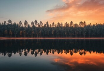 Naklejka premium Breathtaking dawn over a remote wilderness lake with a perfectly mirrored pine forest and orange sky.